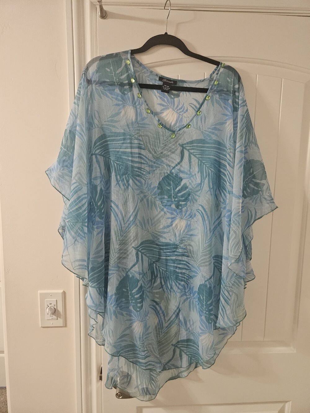 Gabrielle  Blue Tropical Print Sheer Kaftan with V-Neck Bead Detail One Siz